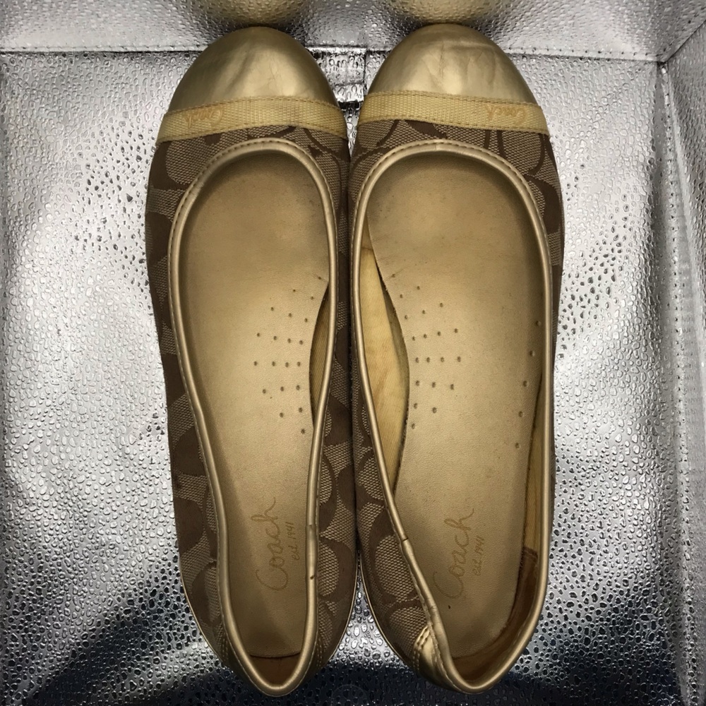 Coach Signature Brown and Gold Canvas Ballet Flats